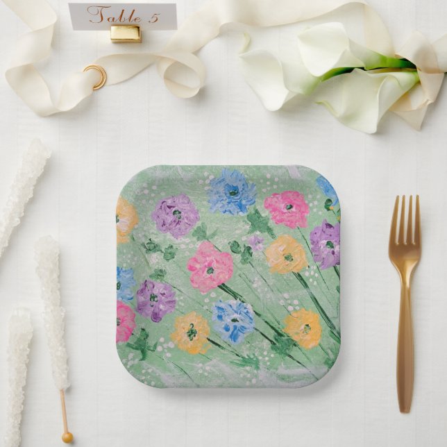Papier Pastels Floraux, Assiettes Carrées 7" (Mariage)