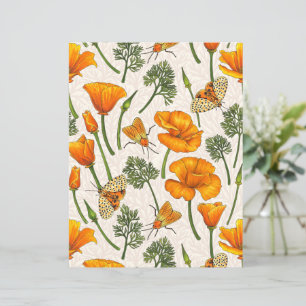 Papier Pavot de Californie et papillons de nuit sur blanc