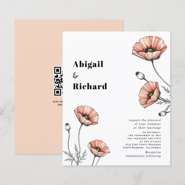 Papier Pavot rose faire-part de mariage fleuri BUDGET QR (Devant / Derrière)