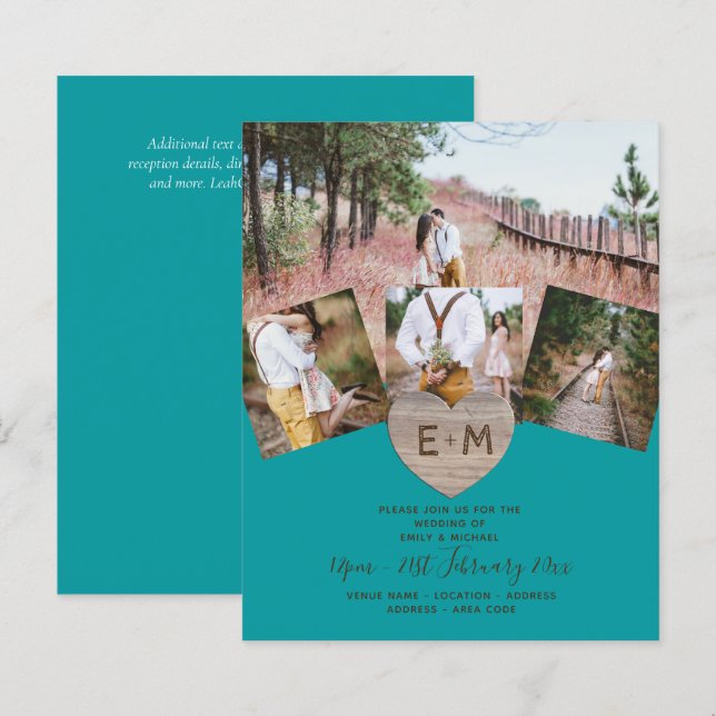 Papier Pays Rustique Photo Carved Heart Monogramme Mariag (Devant / Derrière)