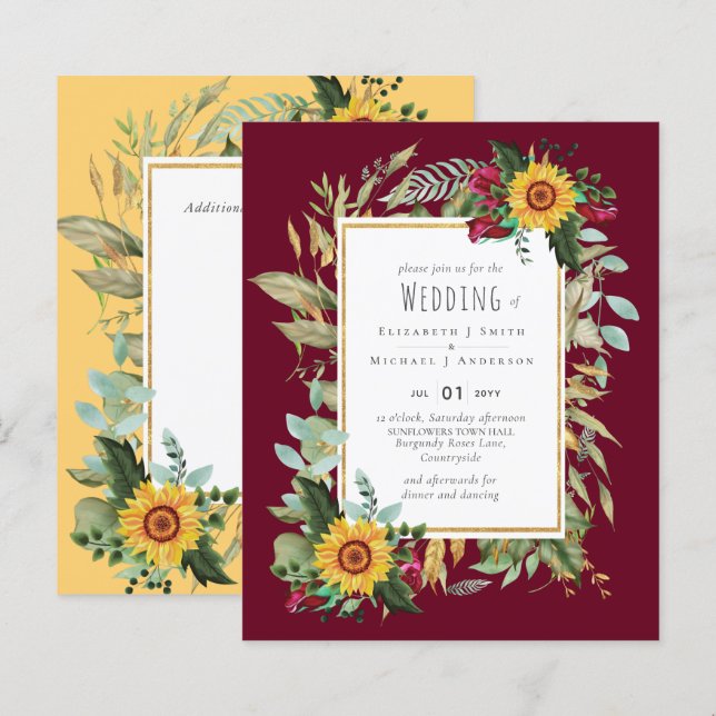 Papier Pays Tournesols Rustiques Bourgogne Mariage Rose (Devant / Derrière)