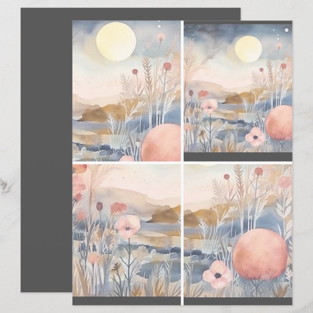 Papier Paysage de fleurs avec lune 1 sur 2 (Devant / Derrière)