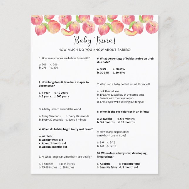 Papier Peach Baby Trivia | Jeu Baby shower (Devant)