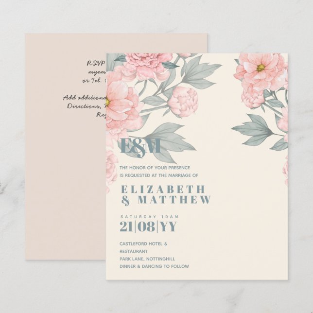 Papier Peach Peonies Sage Floral Budget Mariage (Devant / Derrière)