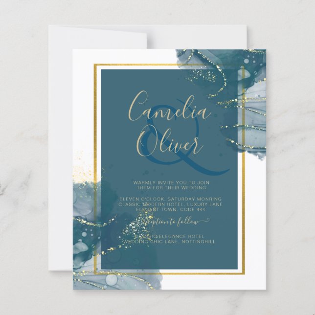 Papier Peacock Blue Gold Alcohol ENK Chic Wedding Invitat (Devant)