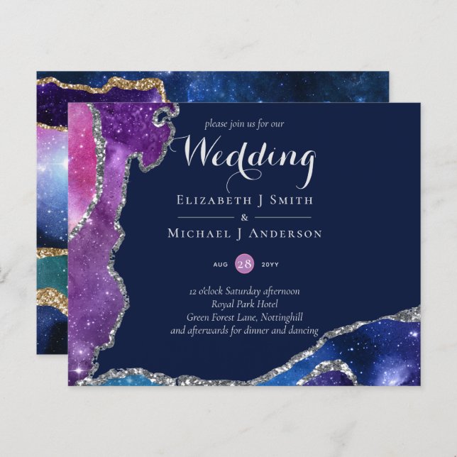 Papier Peacock Blue Rose Agate Mariage Inviter BUDGET (Devant / Derrière)