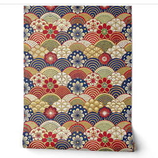 PAPIER PEINT 日本の伝統的な色とりどりの花と扇