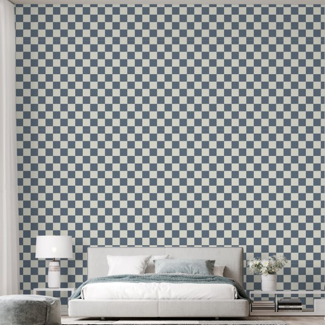 Papier Peint 2" Ardoise en damier bleu et blanc ivoire (Chambre à coucher)
