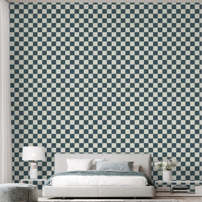 Papier Peint 2" damier noir Turquoise bleu et blanc ivoire (Chambre à coucher)