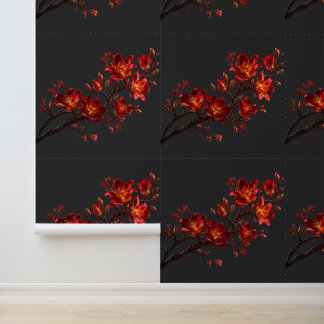 Papier Peint à Branche Florale Rouge Profond et Or