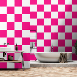 Papier Peint à damiers carré chaud rose blanc rétro géométrique
