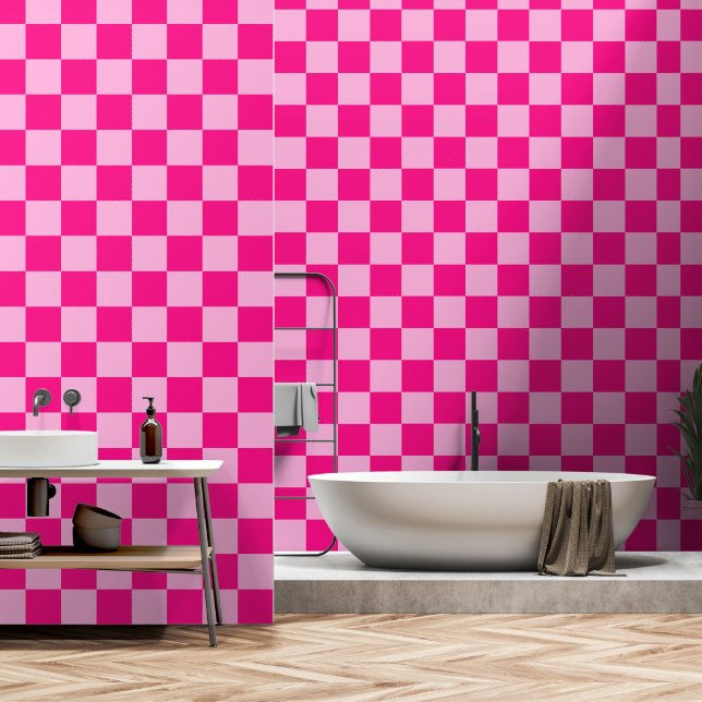 Papier Peint à damiers carré léger rose chaud rétro géométrique (Salle de bain)
