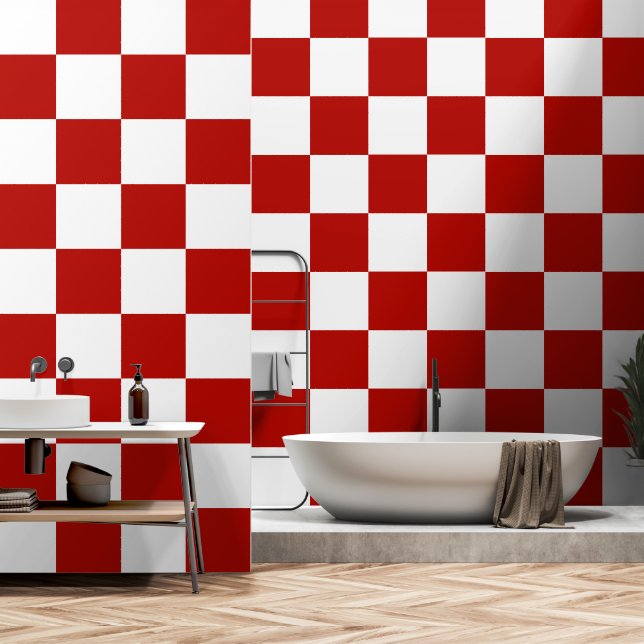 Papier Peint à damiers carré rouge blanc rétro (Salle de bain)