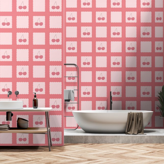 Papier Peint à damiers Cherry Motif Retro (Salle de bain)