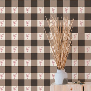 Papier peint à texture gingham et cœur marron esth