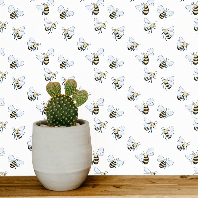 Papier Peint Abeille de miel blanche (Pretty little yellow and  white honey bee pattern art wallpaper)