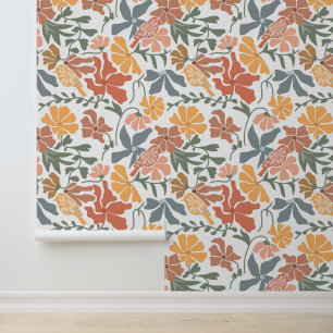Papier Peint Abstrait Floral & Oiseaux Mi-siècle Motif moderne