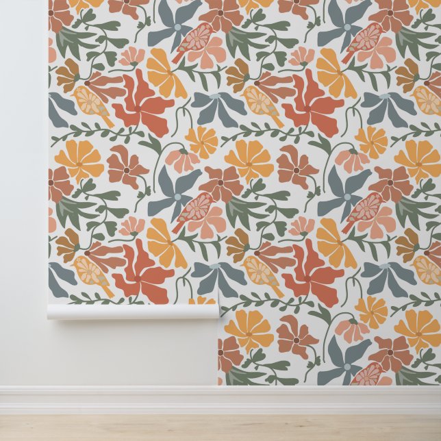 Papier Peint Abstrait Floral & Oiseaux Mi-siècle Motif moderne (Application)