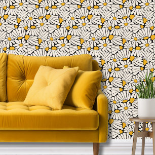 Papier Peint Abstrait floral rétro boho noir jaune botanique