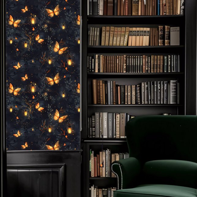 Papier Peint Académies sombres Des papillons de nuit et des lan (Dark Academia Glowing Moths and Lanterns Wallpaper in a library.)