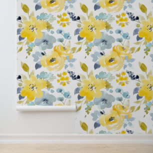 Papier Peint Ajoutez votre nom Motif d'aquarelle jaune et ble