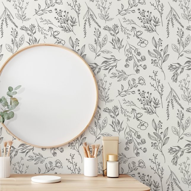 Papier Peint AMELIA Floral Boho Botanique Crème et gris (AMELIA Floral Boho Botanical Flower Cream and Gray Wallpaper)
