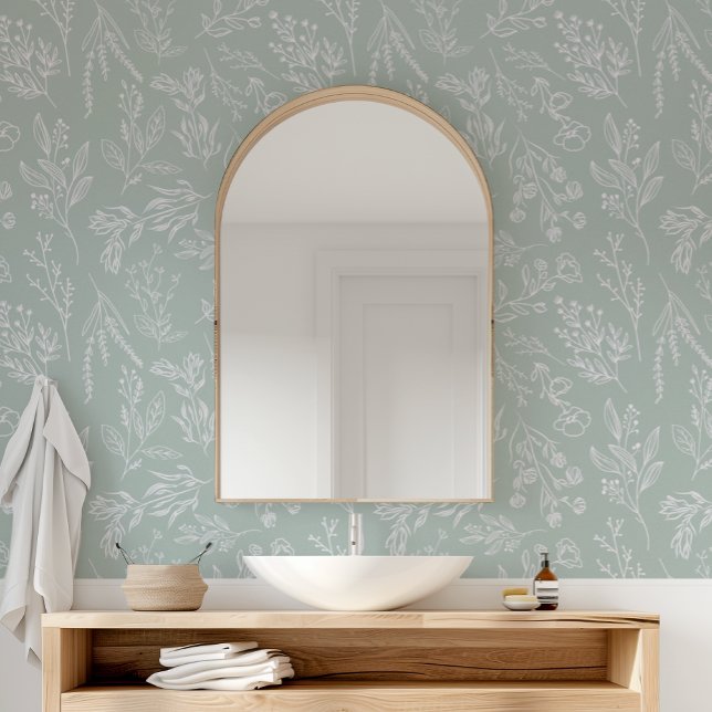 Papier Peint AMELIA Floral Boho Botanique Sage Vert (AMELIA Floral Boho Botanical Flower Sage Green Wallpaper)