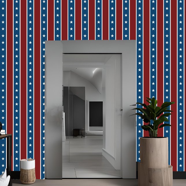 Papier Peint Americana Stars & Stripes Vertical Rouge Blanc Ble (Red white & blue peel and stick wallpaper for DIY 4th of July decorating, Americana stripes pattern)