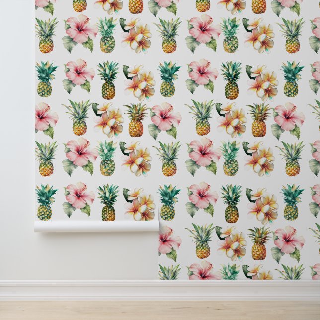 Papier Peint Ananas tropicaux Hibiscus rose Plumeria Fleurs (Application)