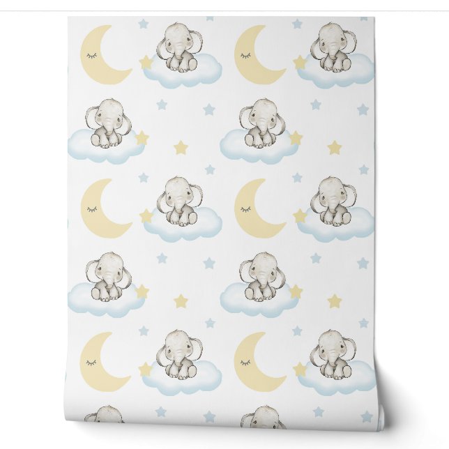 Papier Peint Aquarelle Bébé Eléphant Nuages Étoiles Lune endorm (Déroulement)