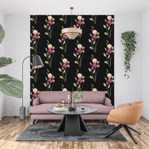 Papier Peint Aquarelle blanche mignonne Motif floral noir