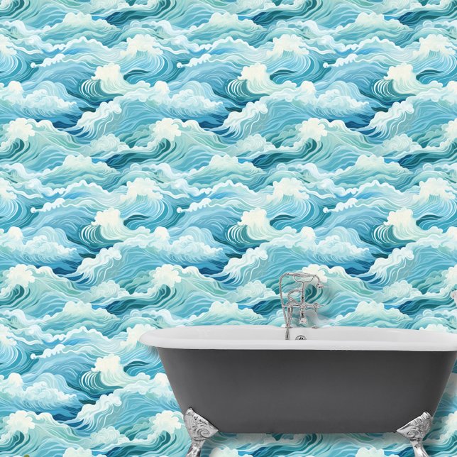 Papier Peint Aquarelle Bleu Blanc Abstrait Vagues de mer Côtier (Créateur téléchargé)