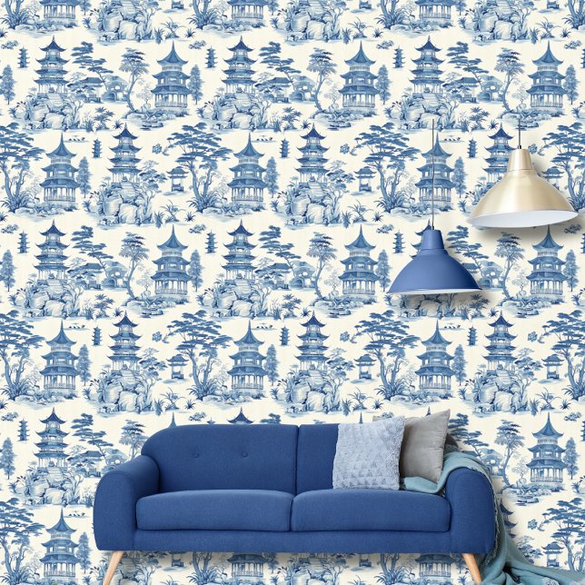 Papier Peint Aquarelle Bleu Blanc Pagode Japonaise Paysage (Créateur téléchargé)