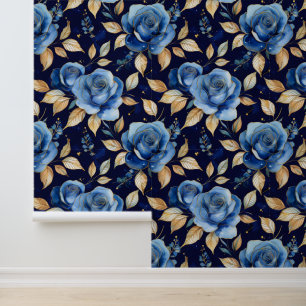Papier Peint Aquarelle Bleu Or Victorien Floral Rose