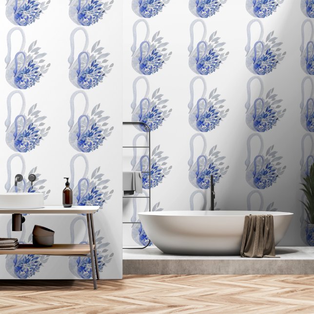 Papier Peint Aquarelle bleu Swan (Salle de bain)
