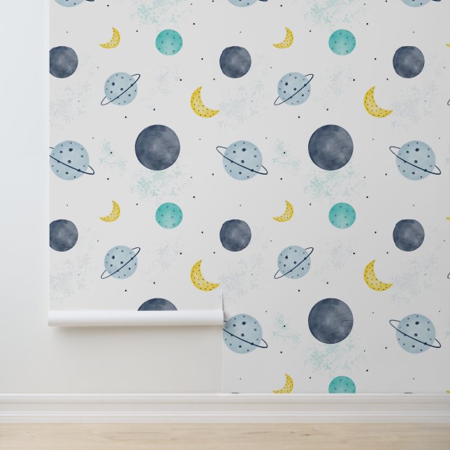 Papier Peint Aquarelle Blue Space Planet Motif (Application)