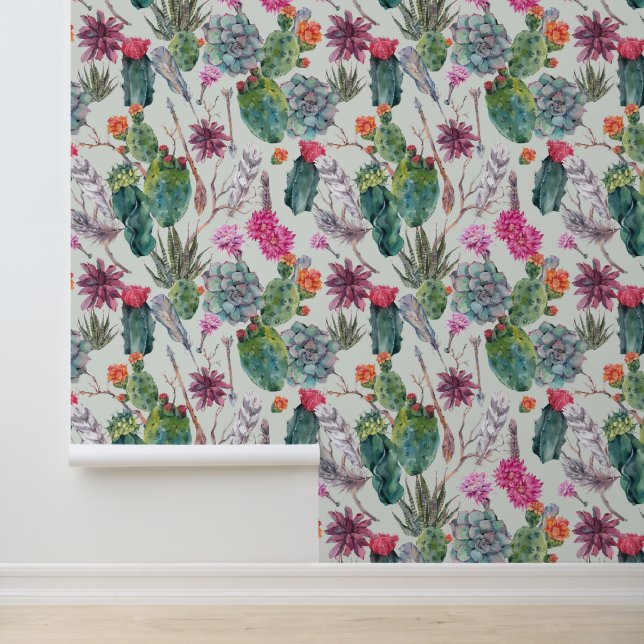 Papier Peint Aquarelle Boho exotique Cactus et Motif succulent (Application)