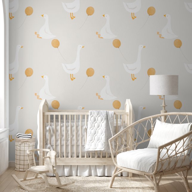Papier Peint Aquarelle Boho Goose Balloon Blanc Beige Nursery (Enfants)