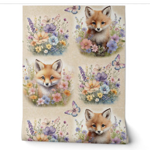 Papier Peint Aquarelle Bois Animal Fox Floral Papillon