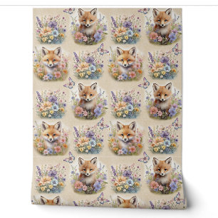 Papier Peint Aquarelle Bois Animal Fox Floral Papillon