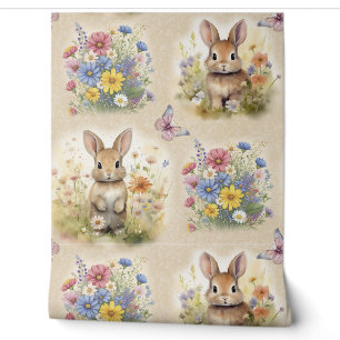 Papier Peint Aquarelle Bois Animal Lapin Floral Papillon