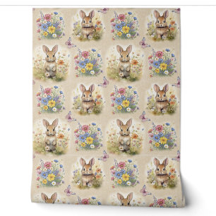 Papier Peint Aquarelle Bois Animal Lapin Floral Papillon