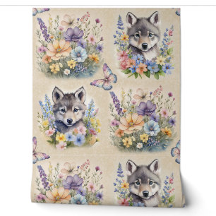 Papier Peint Aquarelle Bois Animal Wolf Floral Papillon