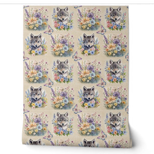 Papier Peint Aquarelle Bois Animal Wolf Floral Papillon