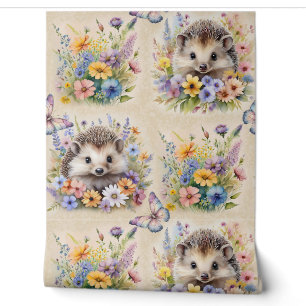 Papier Peint Aquarelle Bois Animaux Hérisson Fleur sauvage