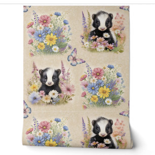 Papier Peint Aquarelle Bois Bébé animal Skunk Fleur sauvage
