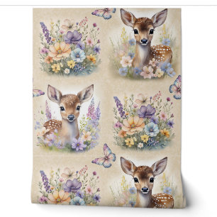 Papier Peint Aquarelle Bois Cerf animal Papillon floral