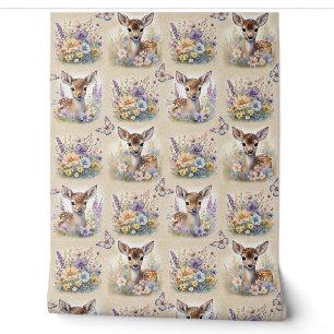 Papier Peint Aquarelle Bois Cerf animal Papillon floral