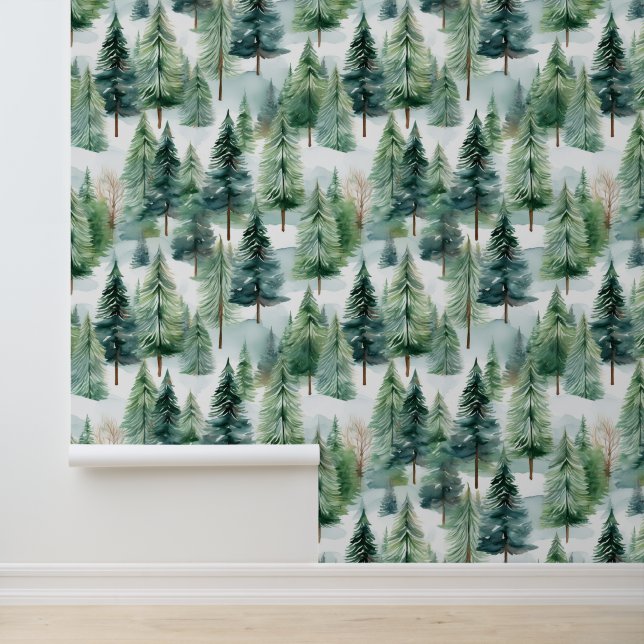 Papier Peint Aquarelle Bois Pins Arbres Neige Snowfall (Application)