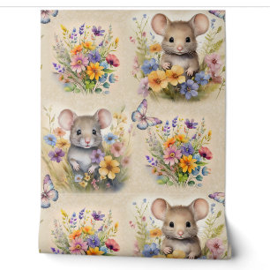 Papier Peint Aquarelle Bois Souris Animal Papillon Floral